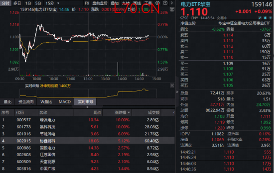 新高后震荡，华宝基金电力ETF（159146）吸金！AI驱动电力需求爆发，绿能先行，绿发电力涨停！